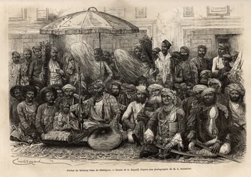 Durbar (feodalt og juridisk råd i en fyrstelig stat) af Maharaja Rana, fra kongeriget Dholepore (Rajasthan). Engravure pour illustrrer l