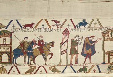 Earl Harold kører fra Bosham til London, Bayeux Tapestry (uldbroderi på hør)