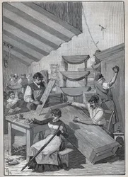Ebenisterie: stempellakeringsværksted. Indgravering fra 1885 i "" Les arts et metiers illustres"" af Adolphe BITARD.