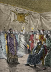 Edmund Rich, ærkebiskop af Canterbury, truer med at ekskommunikere Henry III - Saint Edmond of Cantorbery (1170-1242), denne Saint Edme (Edmund Rich) trussel mod ekscommunier Henry III Plantagenet (1207-1272) - Indgravering i "The Histoire d