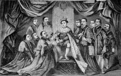 Edward VI (1547 -1553), konge af England, giver et privilegium ved at underskrive et charter til Bridewell - ifølge Hans Holbein.