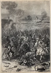 Puritanernes Egorgement - illustration fra det 19. århundrede til den historiske roman "The Puritans of Scotland" (Old Mortality) af Walter Scott (1771-1832)