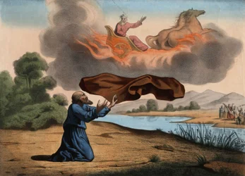 Elias, der løftes til himlen, efterlader sin kappe til Elisa som tegn på efterfølgelse. De to profeter gik til Jeriko, da Elias blev bortført til en stormfuld himmel i en ildvogn trukket af ildheste, sendt af Gud. Anonymt stik fra midten af 1