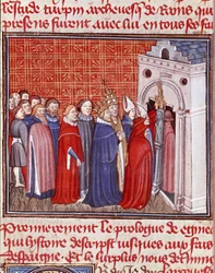Kejser Karl den Store (742-814) kroner går ind i en kirke efterfulgt af miniatureprælater fra "" Les grandes Chronicles de France"" Chantilly fra det 15. århundrede, Musee Conde