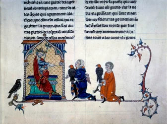 Kejser Frederik II (1194-1250) modtager minifalkoner fra "De arte venandi cum avibus"