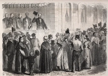 Kejser Napoleon III (1808-1873) på terrassen i villaen Strauss a Vichy, mødt af folket på landet søndag den 7. juli 1861 - Indgravering i "" Den illustere verden"