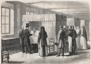 Kejser Napoleon III (1808-1873) besøger værelserne på Hotel Dieu (Hotel-Dieu) for kolerapatienter og taler med dem - Indgravering i "" The Illustrous World""