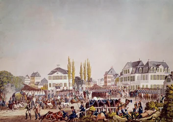 Kejser Napoleon I (1769-1821) gennemgår tropperne i Frankfurt. Stik fra 1813. Frankfurt, Historisk museum