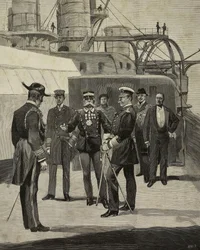Kejser Wilhelm II af Tyskland (1859-1941) besøger slagskibet Sicilia, Venedig, Italien, tegning af E X fra L