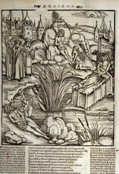 Eneide de Virgil (70 f.Kr.-19 f.Kr.), Bog XII, den trojanske helte Enee bliver mirakuløst behandlet af Venus, han besluttede derefter at storme byen Latinus. Kongen af Lazio dør (til højre), og det er Enee, der vil blive kongen, der marver datteren af afdø