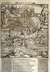 Eneide de Virgil (70 f.Kr.-19 f.Kr.), de trojanske helte Enee og hans ledsagere krydser et hav fyldt med sirene. Xylografi af Sebastian Brant (1458-1521). Strasbourg
