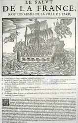 Graveret træ. Mazarinade politiske pamflet: "" Frelsen af Frankrig, i armene på byen Paris"" A - Frankrigs gode geni, der fortærer hans majestæt (Louis XIII) i sin kongelige flåde, B - Prince de Conty, C - Duc de Bouillon et de la Motte-Hauda