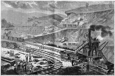 Gravering fra 1885, der viser arbejdet med at bore landtangen i Panama. Udsigt over et af angrebene på Emperadors skibsværft.