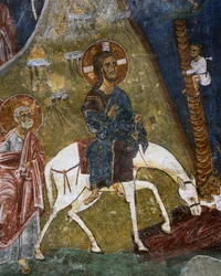 Kristi indtog i Jerusalem, fresco (12. århundrede), Ayios Nikolaos tis Steyis (Saint Nicholas of Roof) (11. århundrede) (Unescos verdensarvsliste, 2001), Troodos-bjergene, Cypern, detaljer