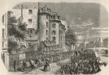Indgang til politipræfekturet ved rue de Jerusalem på hjørnet af Quai des Orfevres i Paris i det 19. århundrede før 1871 - Indgravering i "Tableau-de-Paris" af Edmond Texier 1852.