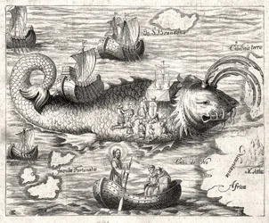 Episode af Legenden om Saint Brandan (Brendan): en fantastisk rejse for den irske abbe fra det 6. århundrede på jagt efter et jordisk paradis. Tryk fra 1621.