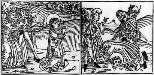 Episode af Saint Donats liv (død omkring 355) Indgravering fra "Leben der Heiligen - sommerteil" (Helgenbogen) af Jacobus (James) af Voragine (1228-1298). Lübeck 1488.
