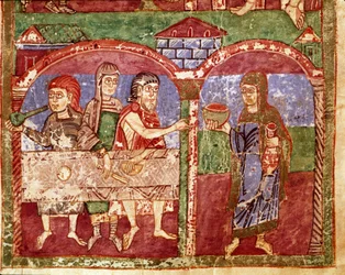 Episode af livet for Sainte Radegonde (Radegundis) de Poitiers (519-587), hustru til Clotaire I, frankernes konge: Radegonde tjener under hans velgørende arbejde ved de fattiges bord. Miniature fra et manuskript fra det 11. århundrede. Poitiers kommunale b