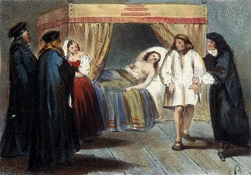 Afsnit af hertugen af Mantua, Vincent I Gonzagues (1562 - 1612) manddomsprøve, for hans ægteskab med datteren af François de Medici, Eléonore i 1584. Han var mistænkt for ikke at have nogen arvinger. Litografi af det 19. århundrede.