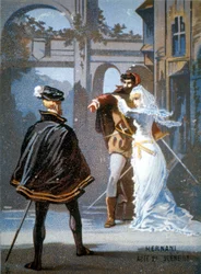 Ernani af Giuseppe Verdi, akt II, Scene II. kromolitografi 1800-tallet.