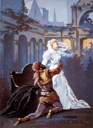 Ernani de Giuseppe Verdi Akt II, Scene IV. kromolitografi fra 1800-tallet.