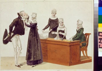 Beskær prøve-på. Anonymt værk, akvarel på papir, ca. 1815. Karikatur fra 1800-tallet. Statens museum for A.S. Pushkin, Moskva.