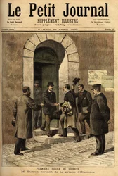 Eugene Turpin (1848-1927), kemiker, opfinder i 1884 af melinit (et sprængstof), uretmæssigt anklaget for at have solgt sin opfindelse til fjenden, var uskyldig og befriet fra fængslet i Etampes. Indgravering i "" Le petit journal"" 29/04/1893. Selvas samli