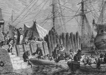 Evakuering af Flesringe af englænderne i 1802: indskibning af syge - i “Histoire de France”” af Henri Martin, sd. 19. århundrede.