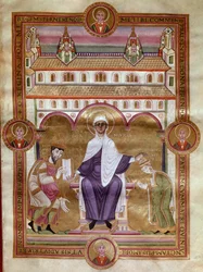 Evangelical Page (Golden Bible) af kejser Henrik III siger, at sort (1017-1056) repræsenterer knælende med sin kone Agnes d