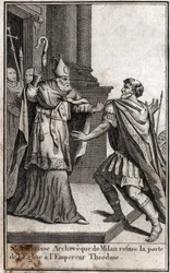 Ekskommunikation: Buen af Skt. Ambrosius af Milano (Aurelius Ambrosius, Ambrogio di Milano (340-397) nægter kirkedøren til den romerske kejser Theodosius I (Flavius Theodosius) (347-395) for at straffe ham for massakren i Thessaloniki i 390. Indgravering