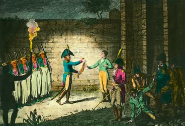 Henrettelse af Louis de Bourbon, hertug af Enghien (1772-1804) den 21. marts 1804 i Vincennes, mistænkelig uden bevis for sammensværgelse mod den første konsul Napoleon Bonaparte. Stik omkring 1804. Privat samling