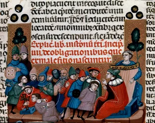 Henrettelse af en miniaturedom fra Justinian Code (Codex Justinianus), en samling af love og institutioner omdannet under den romerske kejser Justinian I af Byzans (483-565)