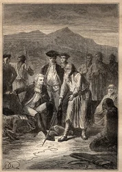 Ekspedition Jorden rundt (1785-1788) af Jean Francois Galaup de La Perouse (1741-1788): sømændene går i land på Saghalian-øen (Sakhaline) møder en gammel mand, der tegnede dem et kort over Tartaria - illustration taget fra "The Great Søfarende fra det 18. 