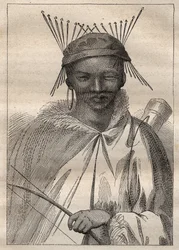 Ekspedition til det indre af Sydafrikas lande (1775) af Anders Sparrman (1748-1820): en boschiman (Bochiman eller San, indfødt i det sydlige Afrika) - illustration hentet fra "De store søfarere i det 18. århundrede"