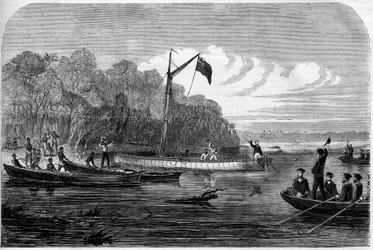 Udforskning af journalisten Henry Morton Stanley (1841-1904) på jagt efter Dr. David Livingstone (1813-1873), en britisk læge og opdagelsesrejsende i det sydlige Afrika. Indgravering i ""Det illustere univers""