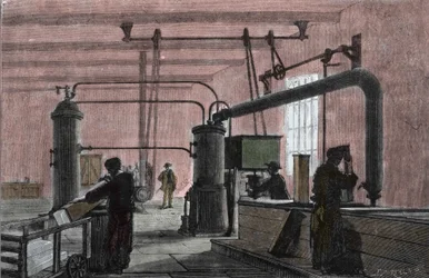 Fabrik til fremstilling af is med Ferdinand Carres system (1824-1894). Indgravering af det 19. århundrede.