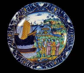 Fajancefad, der repræsenterer Enees ankomst til Delos modtaget af kong Arius. 1497 Sevres, National Renaissance Museum