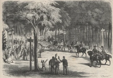 Familieophold i Fontainebleau: udflugt af deres majestæter til ruinerne af Franchart. Et bryllup hilser kejser Napoleon III (1808-1873) og hans families passage. Indgravering i "The Universe illustrious"