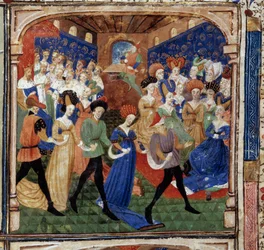 Fest ved kong Arthurs hof Dronning Genievre er omgivet af 12 konger. Miniature fra manuskriptet "The novel of the Quete of the Grail"" 1450-1460 Dijon. Kommunebibliotek