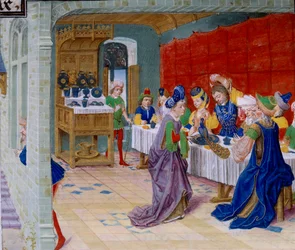 Festmåltidsscene, en påfugl serveres på bordet. Miniature fra “La Vraye Histoire du Bon Roy Alixandre” af Kallisthenes, eller Kallisthenes (ca. 360-328 f.Kr.)