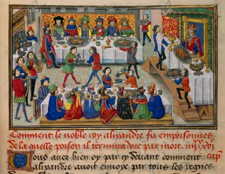 Festmåltidsscene, serveret for kong Alexander og hans hoffolk i de sidste dage af hans liv. Miniature taget fra "La Vraye Histoire du Bon Roy Alixandre"" af Callisthenes, eller Kallisthenes (ca. 360-328 f.Kr.)