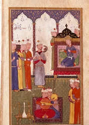 Fest arrangeret af sultanen med slangetæmmer og miniaturemusikere fra et manuskript fra det 16. århundrede. Venedig, Biblioteca Marciana