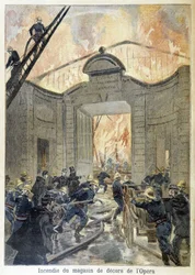 Brandvæsenets indgreb under branden i operaens indretningsbutik. illustration af "Petity Journal" i 1894.