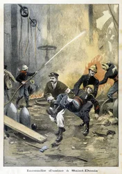 Brandmænd griber ind under en brand ved Usine i Saint Denis. Illustration af "Petity Journal" fra 1899.