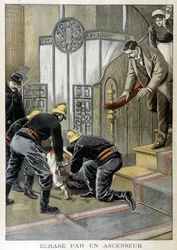 Brandmænd, der redder en mand, styrter ned ved en elevator i en parisisk bygning. Illustration af "Lille Journal" fra 1899.