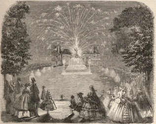 Fyrværkeri og illumination af slottet Maisons-Laffitte (Maison-Laffitte) om aftenen under landbrugskomitéens konkurrence. Stik i »Le Monde illustré« fra 1857. Privatsamling.