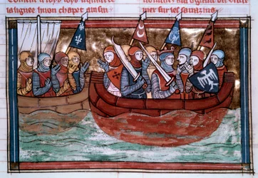 Første korstog: Godefroi de Bouillon (1060-1100) og overfarterne, der sejler mod Det Hellige Land. Miniature fra "" Roman De Godefroy De Bouillon et de Saladin""