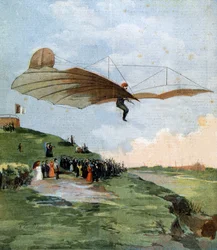Første svæveprøve af Otto Lilienthal (1848-1896), en tysk ingeniør, på sit fly i 1894