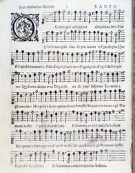 Første side af Balletter for fem stemmer af Giovanni Giacomo Gastoldi