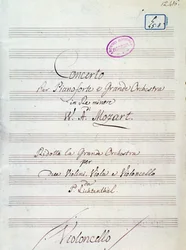 Første side med noder til koncert for klaver og stort orkester i d-mol af Mozart, Lichtenthal-version (1800-tallet)